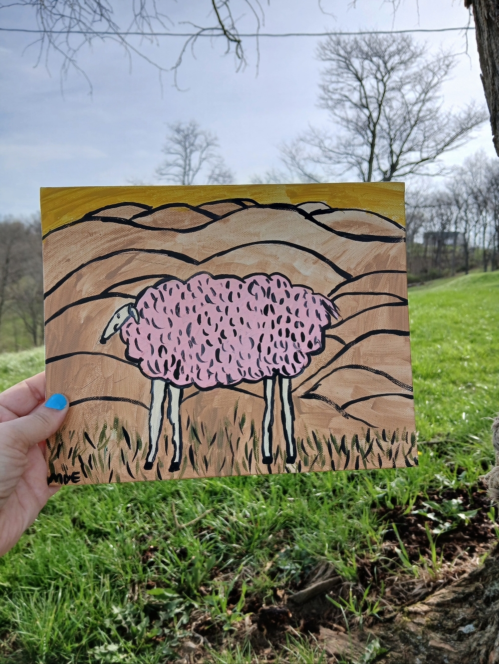 Pink Sheep Painting Folk Art Farmcore